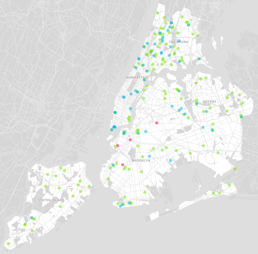 The next 200 coffee shops in Manhattan. Green = Local, Blue = Mainstream, Pink = Third Wave